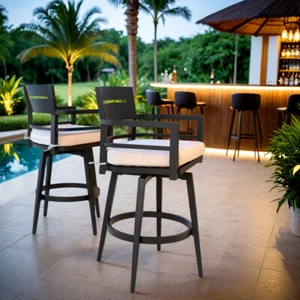Modern Outdoor Swivel Bar Chairs, Aluminum Frame w Ember Black, 360° Swivel - Picture 1 of 12