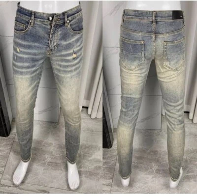 Pantalones de mezclilla para hombre clásicos punk ajustados de algodón cómodos elásticos lavados azul grisáceo Foto 1 de 4