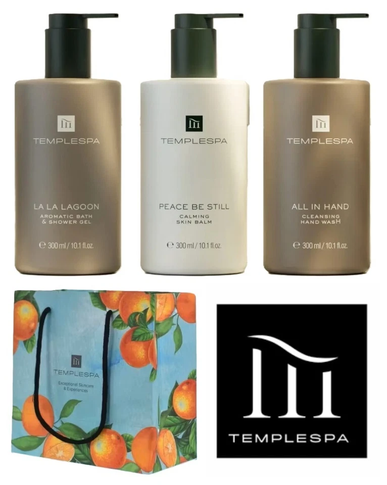 TEMPLESPA Luxury Shower Gel, Hand Wash & Skin Balm  3 x 300ml & Gift Bag - NEW - Image 1 of 1