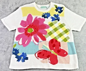 220 Hickory Sweater Womens M White Floral Embroidered Short Sleeve Top Cottage - Picture 1 of 8
