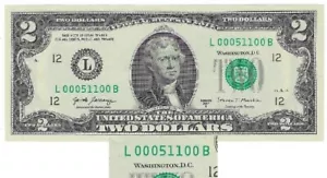 $2 Fancy SN UNC L12 00051100 -5-of-a-Kind,Double Bookend, 99.00% Cool + Gift T2a - Picture 1 of 5