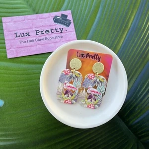 Earrings Dangle Stud Tropical Flamingo Floral Mix - Picture 1 of 5