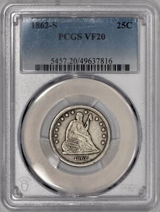 1862-S Seated Liberty Quarter 25c PCGS VF20 - Tough Civil War Date! - Picture 1 of 5