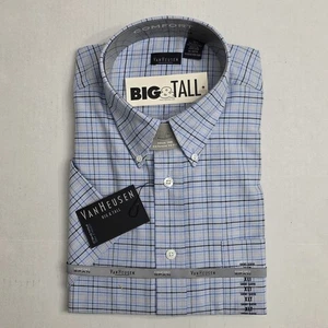 Vintage Van Heusen Shirt Mens XLT Big Tall Blue Plaid Short Sleeve Wrinkle Free - Picture 1 of 11