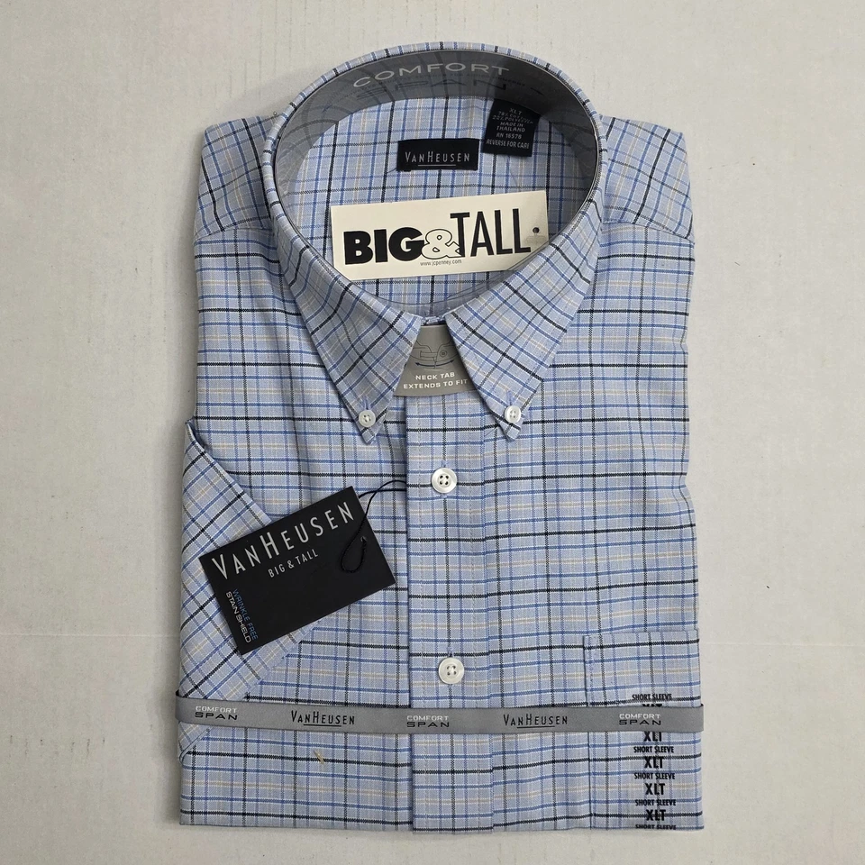 Vintage Van Heusen Shirt Mens XLT Big Tall Blue Plaid Short Sleeve Wrinkle Free - Image 1 of 4