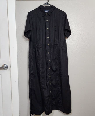 Lands End Maxi Dress Button Up Size Medium Black Pockets No Belt Side Slits - Image 1 of 4