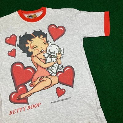 Vintage Betty Boop Shirt Mens L Gray Red 1997 Ringer Puppy Dog Heart Graphic 90s - Image 1 of 4