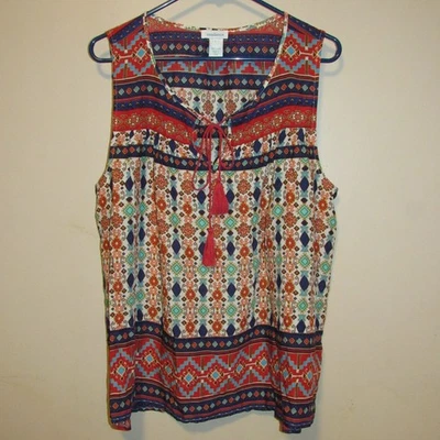 Blusa sin mangas Sundance Geo mosaico estampado boho borla corbata sin mangas para mujer L Foto 1 de 4
