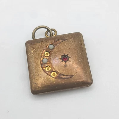 Винтажный викторианский полумесяц Луна медальон семена жемчуг красный камень золото заполненное фото - Изображение 1 из 4