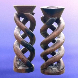 MCM Danish Folk Art Double Helix Openwork Vintage Teakwood Candle Holders - Picture 1 of 9