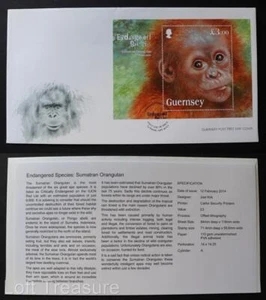 Guernsey Stamps: "Endangered Species - Sumatran Orangutan" £3 M/S FDC 2014 - Picture 1 of 3