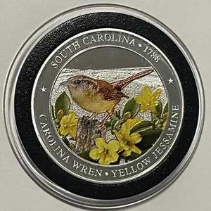 RARE South Carolina Wren Yellow Jessamine Coin 1 Troy Oz .999 Fine Silver Round - Picture 1 of 11
