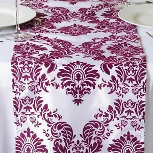 Corredores de mesa blanco y berenjena púrpura flocado/estampado damasco - Imagen 1 de 2