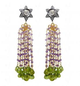 Peridot & Amethyst Bead Knotted 925 Sterling Silver Earrings  Se051004 - Picture 1 of 3