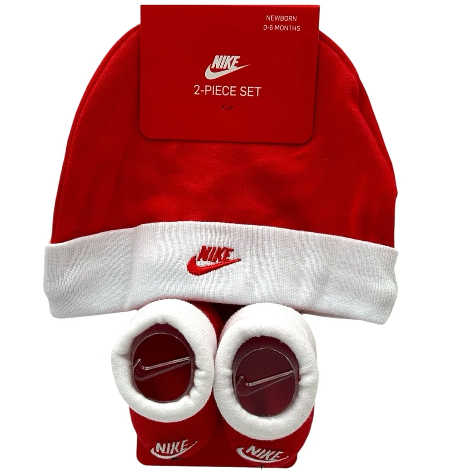 Nike Baby Red White Ankle Cotton Swoosh Logo Beanie and Booties Set Sz 0-6 MO