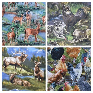 Nature Reserve Fabric Wild Animals 100% cotton -Stag, Wolf, Deer, Hen - Picture 1 of 20