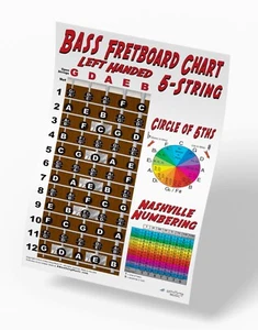 Left Handed 5 String Bass Fretboard Wall Chart Poster Lefty Notes Theory - Picture 1 of 4