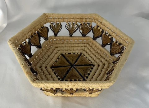 Vintage Coiled Basket, Handmade Woven Rattan Fruit Bread Star Design Cover