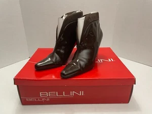BELLINI Brown Ankle Boots Size 6M Bootie Heels Pointy Patent Leather Suede Trim - Picture 1 of 6
