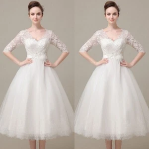 Lace Wedding Dresses Half Sleeves V Neck White Tea Length A Line Bridal Gowns - Picture 1 of 10