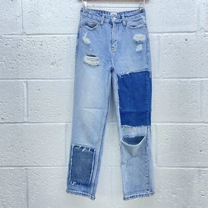 URBAN OUTFITTERS BDG PATCHWORK MOM JEANS BLUE NAVY WHITE DISTRESSED W24 L30 - Picture 1 of 4