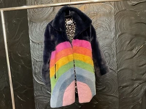 Lola & The Boys Kids' Long Rainbow Faux Fur Coat in Navy Blue Size 10 - Picture 1 of 6