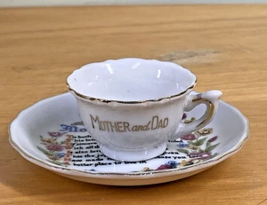 Vintage MOTHER and DAD Porcelain Miniature Cup Plate Set Floral Gold Trim - Picture 1 of 14
