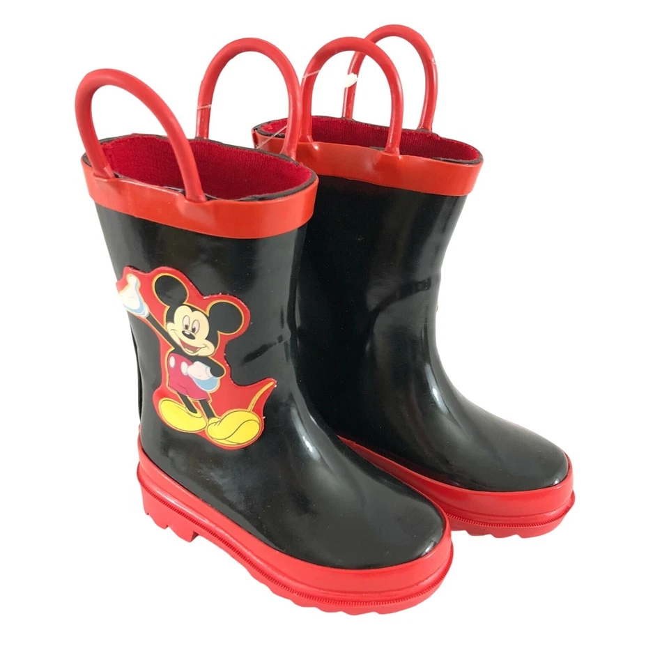 Disney Niños Pequeños Niños Niñas Botas de Lluvia Mickey Mouse Sin Cordones Goma Negro Rojo 4 Foto 1 de 4