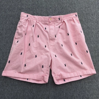 复古 Y2K Polo Ralph Lauren Tyler 百褶斜纹短裤男式 36(实际)粉红色小马 — 第 1/4 张图片
