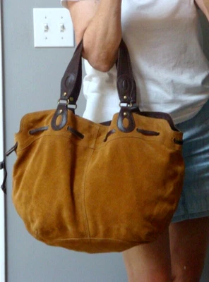 LUCKY BRAND Large Tote Tan Suede Leather Boho Hobo Hippie Drawstring Handbag Bag - Image 1 of 4