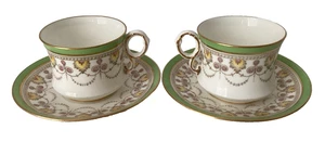 Cauldon Tea Cups Saucers - Small Green Gold White Vintage Delicate - Picture 1 of 21