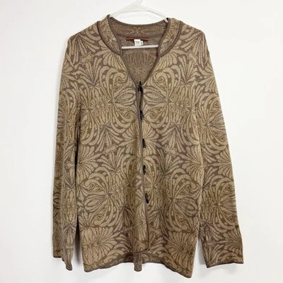 Peruvian Connection Cardigan Sweater Large Brown Floral Fan Pattern Toggle - Image 1 of 4