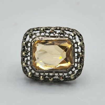 Antique Citrine Glass Paste Marcasite Silver Plate Filigree Rectangle Brooch - Image 1 of 4