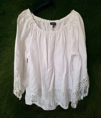 Melissa Paige Womens White Linen Boho Peasant Blouse Fringe Sleeve/Bottom SZ XL - Image 1 of 4