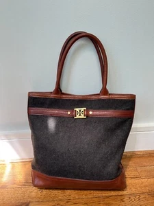 NICE! Tory Burch Ambrose Gray Flannel Brown Leather Tote - Picture 1 of 9