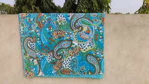 Colcha Kantha estampada cachemira algodón hecha a mano turquesa tiro vintage - Imagen 1 de 6