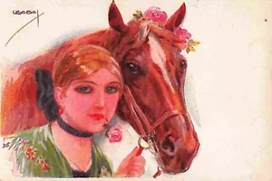 jxf15d: BELLA SIGNORA E IL SUO CAVALLO, cartolina antica firmata Usabal - Foto 1 di 2