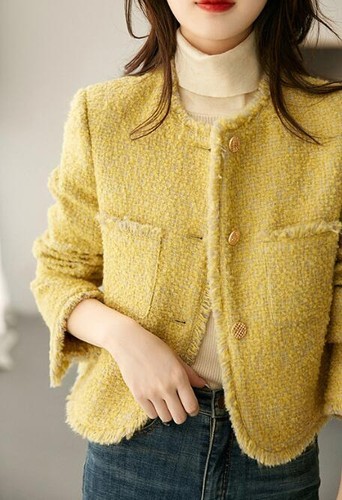 VETEMENTS Elegante giacca corta alla moda misto lana tweed donna cappotto a frange collo