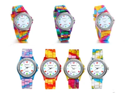 Relógio de quartzo feminino strass arco-íris silicone cor gelatina relógio social casual - Imagem 1 de 4