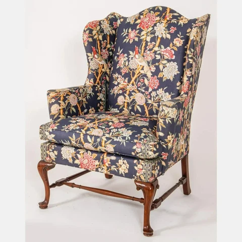 Southwood Queen Anne Style Mahogany Wing Chair Chintz Fabric Williamsburg Style Cover