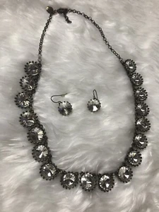 J. CREW Brulee Crystal Necklace Rhinestone Gold Antique Brass w/Earrings - Picture 1 of 8