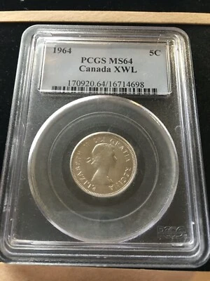 1964  Extra Waterline, PCGS Graded Canadian Five Cent, **MS-64** #4698 - Image 1 of 4