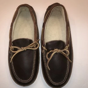 LL Bean Men's 10 M Leather /Shearling Moccasins Slip-on Brown Slippers - Picture 1 of 12