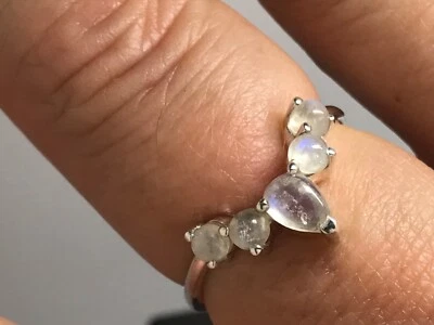 Rainbow moonstone wishbone ring solid Sterling Silver pear multistone. - Image 1 of 4