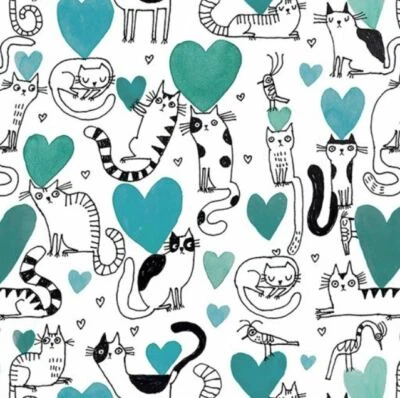 Fat Quarter - It's Raining Cats and Dogs - Hearts and Cats Teal Cotton Fabric - image 1 of 2