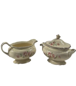 Homer Laughlin Virginia Rose Sugar Bowl w/ Lid Creamer & Pitcher Platinum Trim - Picture 1 of 10