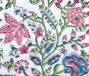 White Pink Blue By the Yard Indian Block Print Fabric for Sewing Quilting Dress - Picture 1 of 8