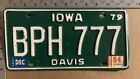1984 Iowa license plate BPH 777 Davis lucky triple 7 11267