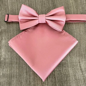 Dusty Rose Pink Men's Butterfly Style Pre-tied Bowtie & Pocket Square Hanky Set - Picture 1 of 1
