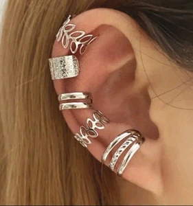 5pcs Set EAR CUFF Earrings Cartilage Ear Ring Fake Clip On Leaf Boho Triple Ring - Picture 1 of 4